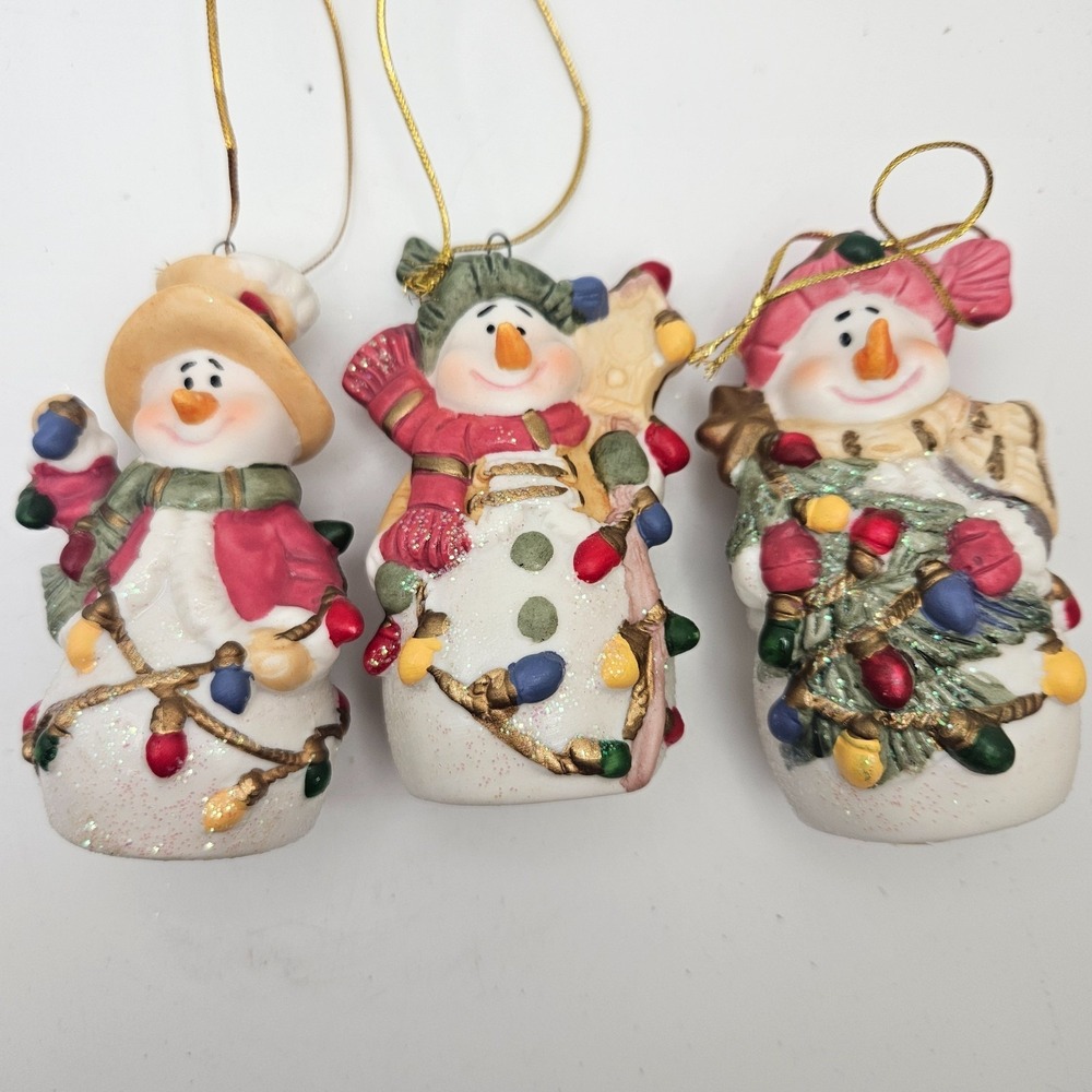 Vintage Snowman Christmas Ornaments Set of 3 Ceramic Light Bulb Garland Holiday